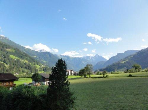 a large green field with a house and mountains at Apart Alpensonne in Zellberg