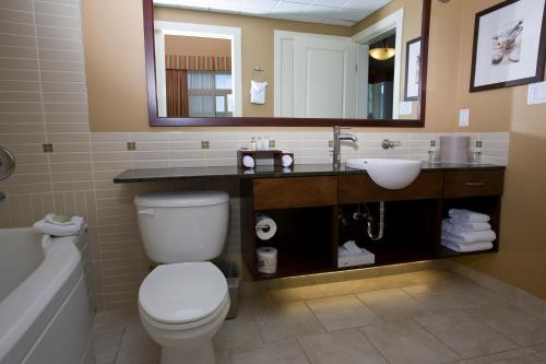 a bathroom with a toilet, sink, and mirror at Summerland Waterfront Resort & Spa in Summerland