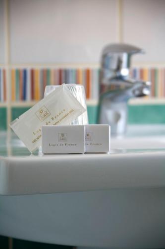 La salle de bains est pourvue d'un lavabo et d'un porte-brosse à dents. dans l'établissement Hotel Restaurant Le Parc, à Moulins