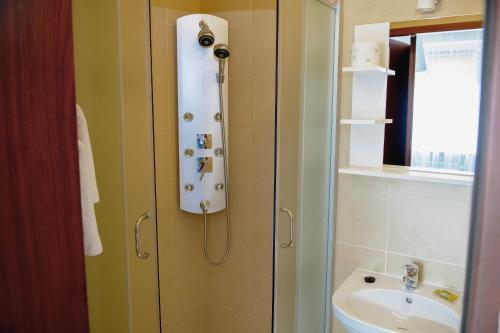 a bathroom with a shower and a sink at Villa Green in Oświęcim