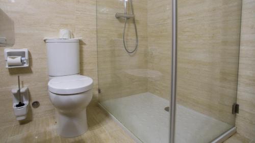 
a white toilet sitting next to a shower in a bathroom at Hotel Santo Andre in Póvoa de Varzim
