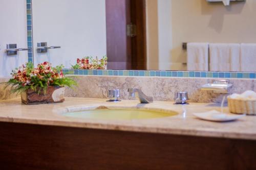 um balcão de casa de banho com um lavatório e um espelho em Hotel Posada Loma em Fortín de las Flores