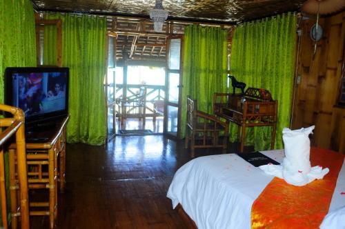 1 dormitorio con cortinas verdes, 1 cama y TV en The Coral Blue Oriental Beach Villas and Suites en Bantayan Island