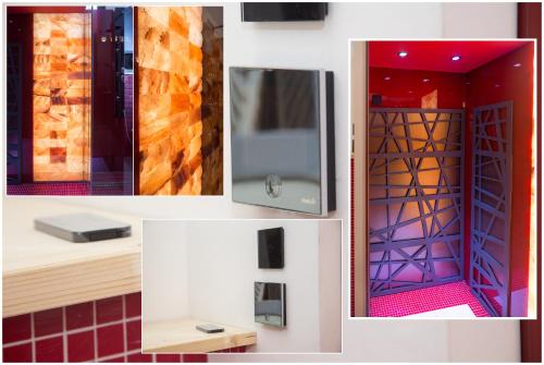 a collage of pictures of a bathroom with a door at Arina Apartments 2 in Braşov