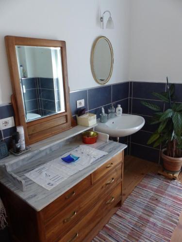 a bathroom with a sink and a mirror at Casa Clima Tandem in Denno