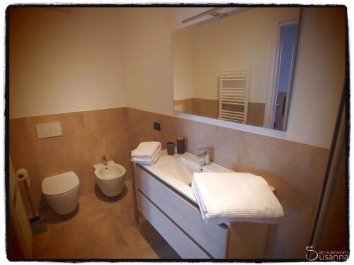 La salle de bains est pourvue d'un lavabo, de toilettes et d'un miroir. dans l'établissement B&B Susanna, à Cavaion Veronese