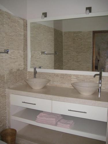 baño con 2 lavabos y espejo grande en Villa Nirwana en Lovina