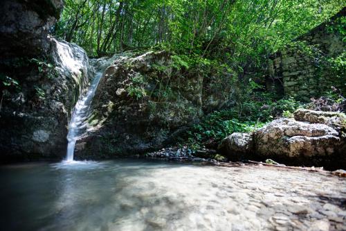 a small waterfall in the middle of a river at Apartmaji Pr-Gujlu Sela nad Podmelcem 5220 TOLMIN in Podmelec