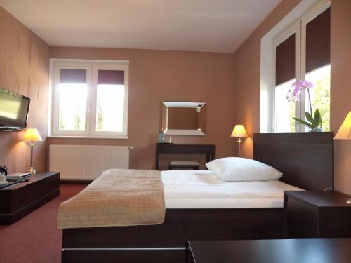 een slaapkamer met een bed, een spiegel en ramen bij Siedem Świerków in Szczecinek