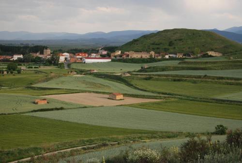 a view of a green field with mountains in the background at TORRE FUERTE Siglo XIII in Baños de Rioja