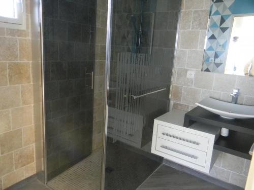 a shower with a glass door next to a sink at Maison Landreau in Les Épesses