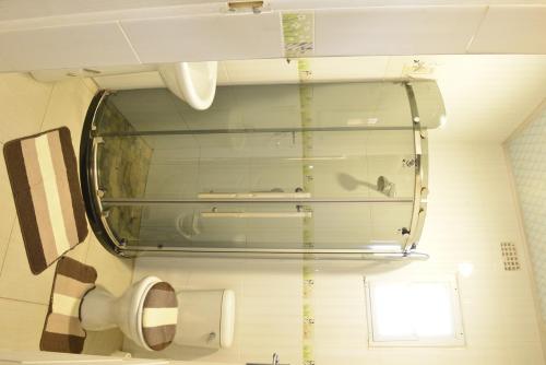 a glass window in a bathroom with a toilet at Asante Apartments in Livingstone