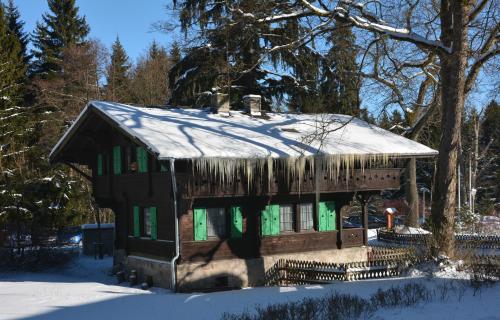 a house with a snow covered roof in the snow at Apartman Forstamt Glatzen Kladska in Mariánské Lázně