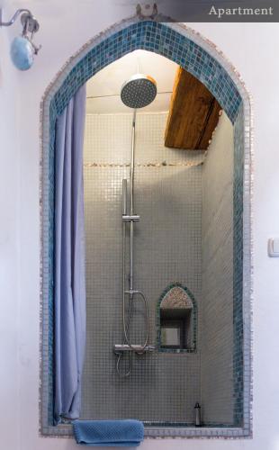 a bathroom with a shower with a mirror at "Schwarzer Speicher" Stralsund in Stralsund