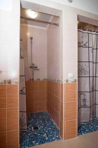 a bathroom with a shower with a glass door at Green Street Hostel in Lviv