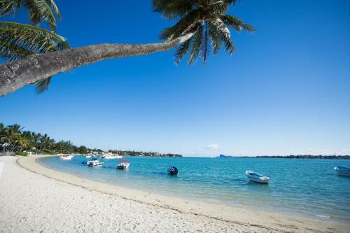 a beach with boats in the water and a palm tree at Garden Villas in Grand Baie