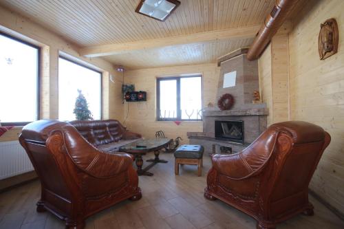 a living room with leather furniture and a fireplace at VULYK z MEDOM in Bukovel