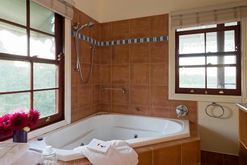 Middleton House Maleny في Witta: حوض استحمام في حمام مع نافذتين