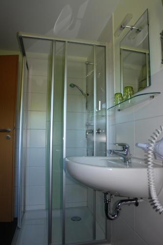 ein Bad mit einem Waschbecken und einer Glasdusche in der Unterkunft Räucher-Häusl in Herrnhut