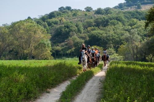 a group of people riding horses down a dirt road at Rustico del Conero in Camerano
