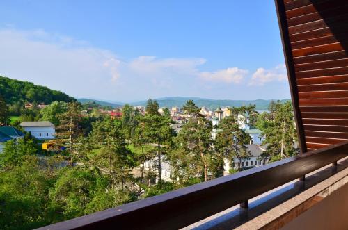 a view of a city from the balcony of a house at Hotel Miraj in Râmnicu Vâlcea
