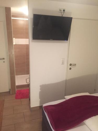 a bathroom with a television on the wall and a bathroom with a shower at Pension Sunnseitn - Gasthof - Café - Weinkeller in Haslach an der Mühl