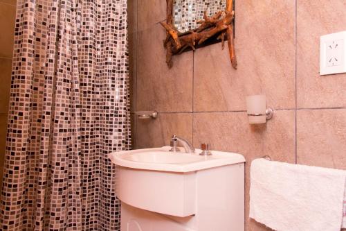 a bathroom with a sink and a shower curtain at Cabañas El Racó del Bosc in Mar del Plata