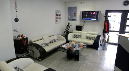 a living room with two couches and a tv at Gästehaus Perrin in Bliesmengen-Bolchen
