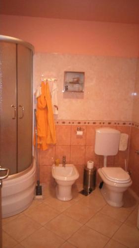 uma casa de banho com um WC, um chuveiro e um lavatório. em Swiss Holiday em Split