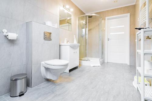a bathroom with a toilet and a sink and a shower at Apartament Rodzinny Mountain Aparts in Świeradów-Zdrój