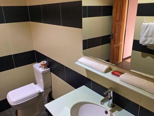 a bathroom with a toilet and a sink and a mirror at Kokodo Guest House in Cape Coast