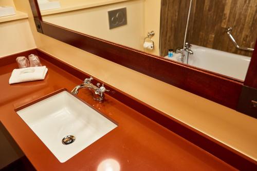 La salle de bains est pourvue d'un lavabo et d'un miroir. dans l'établissement Disney Hotel Cheyenne, à Coupvray