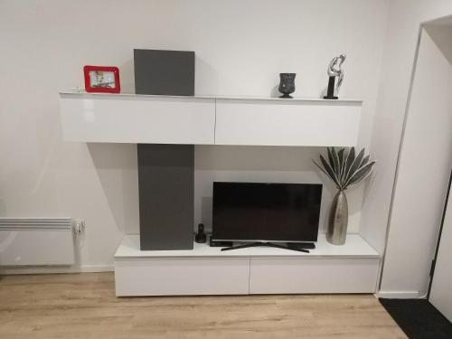 a living room with a white fireplace with a tv at Studio apartment Arija in Zagreb