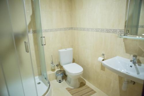 a bathroom with a toilet and a sink and a shower at Hotel & Restaurant Complex HAP-OK in Brodki