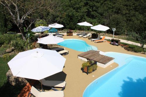 an overhead view of a swimming pool with umbrellas at Ferme du Pic d'Allier in Saint Martin sur Lavezon