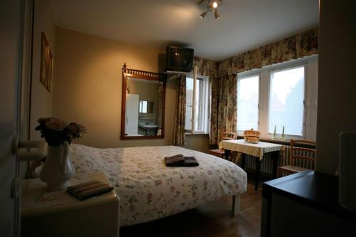 een slaapkamer met een bed, een spiegel en een wastafel bij B&B House Caesekin in Diksmuide