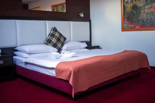 1 dormitorio con 1 cama grande y alfombra roja en Hotel Slavie, en Cheb