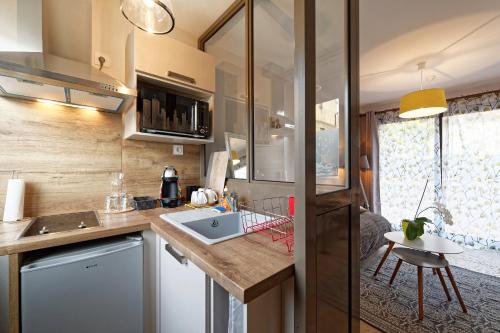 a kitchen with a sink and a counter top at Pied à Terre - Appart'hôtels au coeur d'Autun in Autun