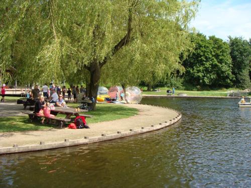 a park with people sitting on benches next to a lake at Best Western Plus Hotel Fredericia in Fredericia