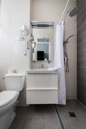 a bathroom with a sink and a toilet and a mirror at Hôtel Le Mondon Metz in Metz