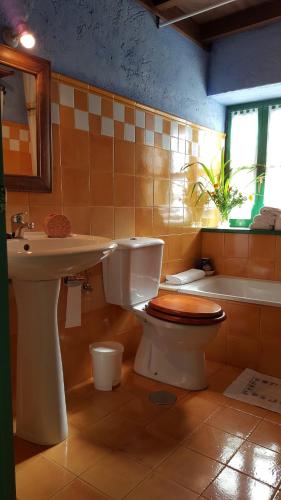 a bathroom with a toilet and a sink and a tub at Apartamentos Villar in Villar
