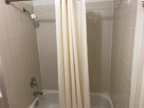 a shower with a white shower curtain and a tub at Budget Inn of Brownfield in Brownfield