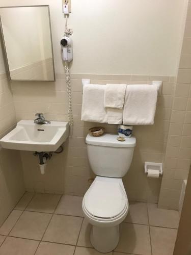 a bathroom with a toilet and a sink with towels at Budget Inn of Brownfield in Brownfield