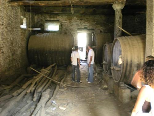 a group of people standing in a cellar with barrels at Casa grande Covelinhas in Covelinhas