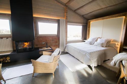 a bedroom with a large bed and a fireplace at El Porxo de la Barraca in Caserras