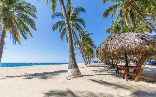 a beach with palm trees and benches and the ocean at Posada Real Puerto Escondido in Puerto Escondido