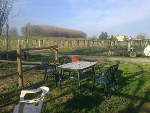a table and chairs in a field with a fence at Agriturismo Antica Golena in Guastalla