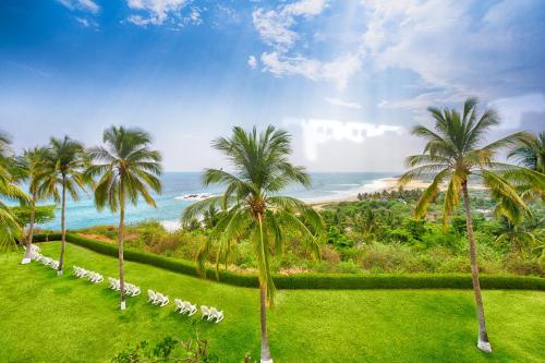 a row of palm trees in front of the ocean at Posada Real Puerto Escondido in Puerto Escondido