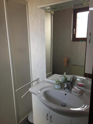 a bathroom with a white sink and a mirror at Apartment Mary in Bled
