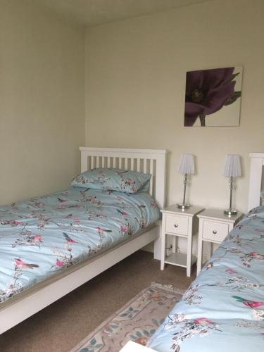 a bedroom with two beds and two night stands at Fir Tree Cottage in Chester